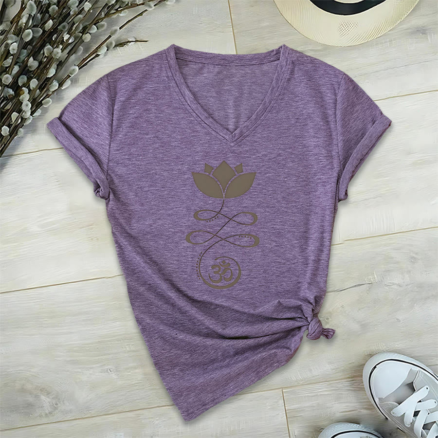 Olivenorma Lotus With Om Symbol Unalome Print Yoga V-Neck T-Shirt - Purple - 2XL - image 36