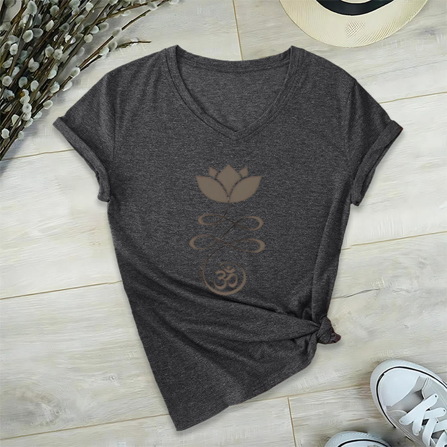 Olivenorma Lotus With Om Symbol Unalome Print Yoga V-Neck T-Shirt - Gray - 2XL - image 15