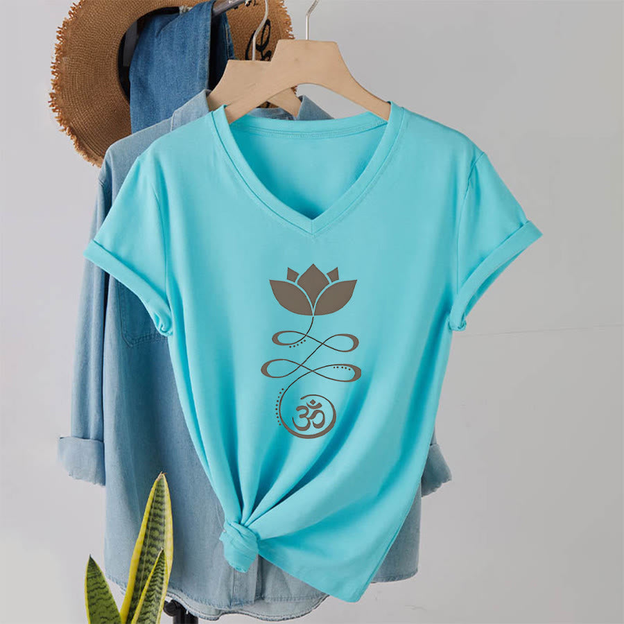 Olivenorma Lotus With Om Symbol Unalome Print Yoga V-Neck T-Shirt - image 10