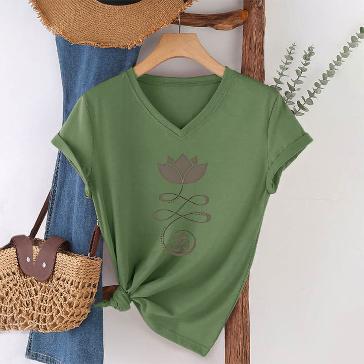 Olivenorma Lotus With Om Symbol Unalome Print Yoga V-Neck T-Shirt - image 25