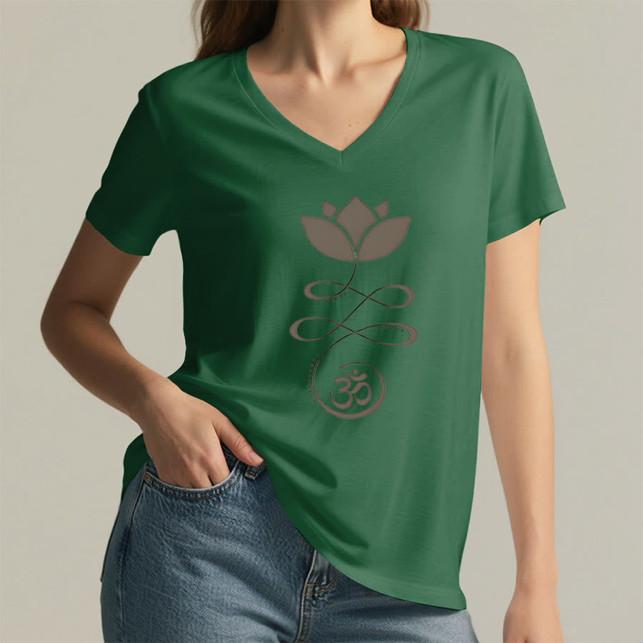 Olivenorma Lotus With Om Symbol Unalome Print Yoga V-Neck T-Shirt - image 2