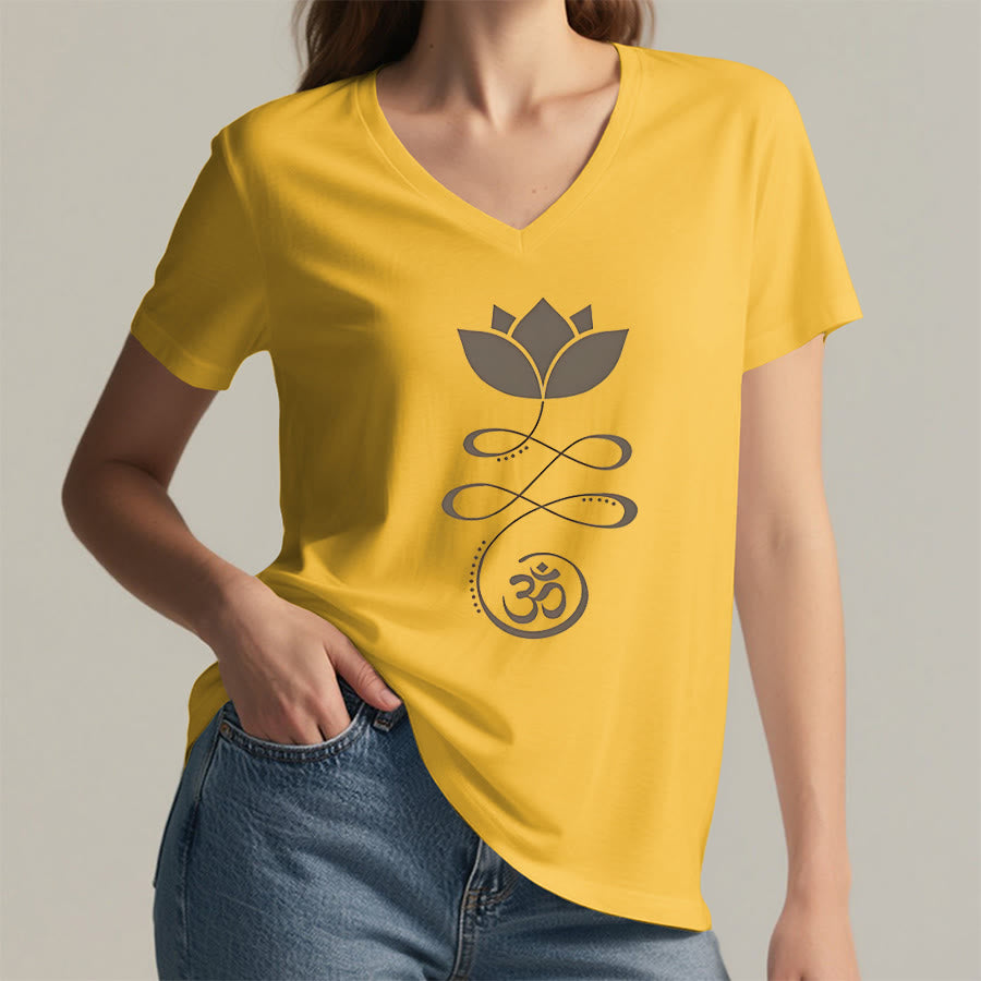 Olivenorma Lotus With Om Symbol Unalome Print Yoga V-Neck T-Shirt - image 32