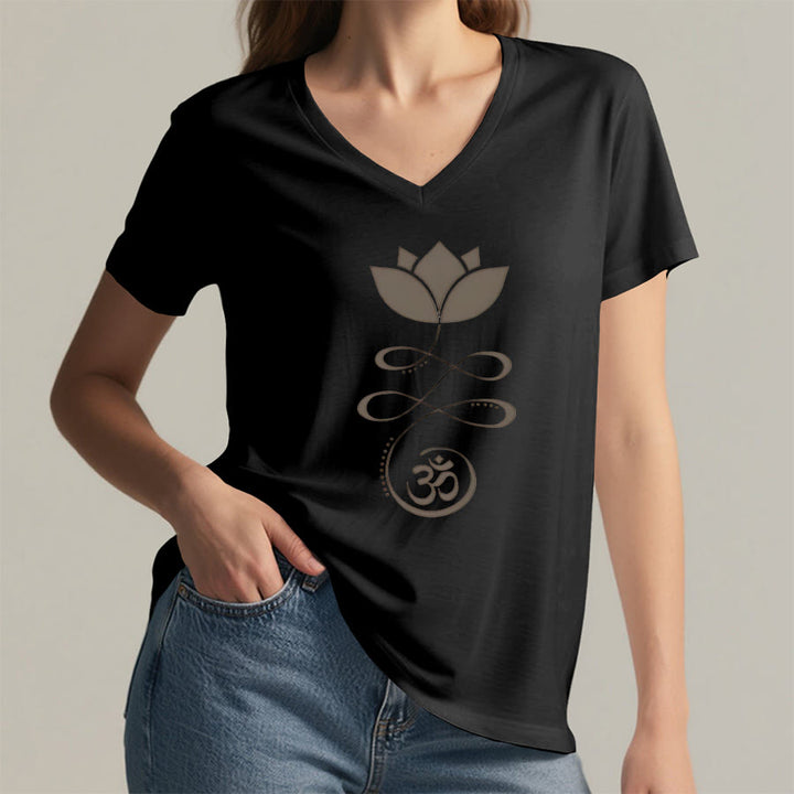 Olivenorma Lotus With Om Symbol Unalome Print Yoga V-Neck T-Shirt - image 14