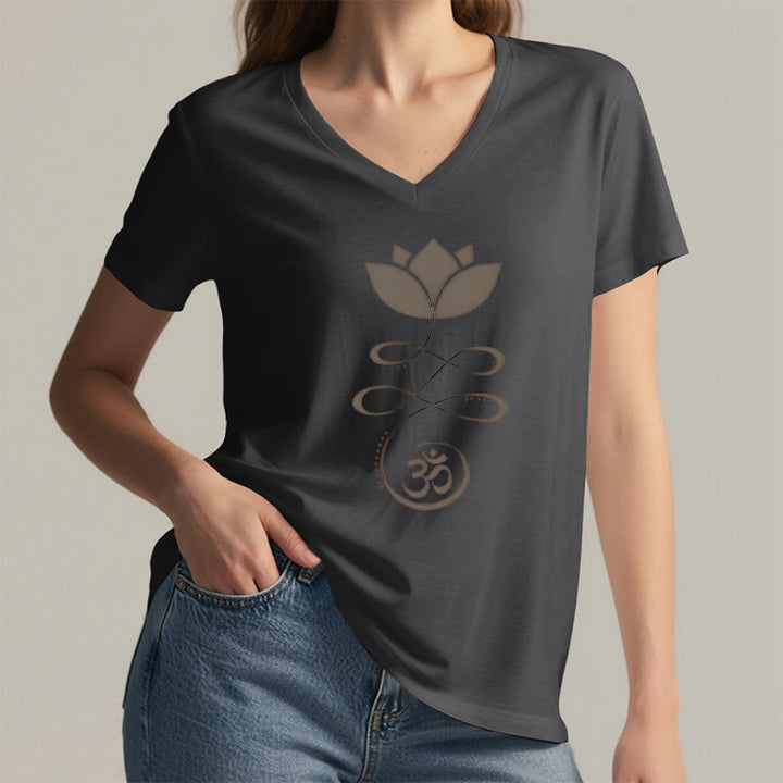 Olivenorma Lotus With Om Symbol Unalome Print Yoga V-Neck T-Shirt - image 17