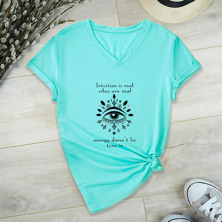 Olivenorma Casual Mystical Eye Intuition Quote Print V-Neck T-Shirt - Lake Blue - 2XL - image 9