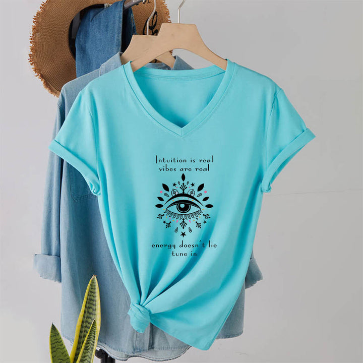 Olivenorma Casual Mystical Eye Intuition Quote Print V-Neck T-Shirt - image 10