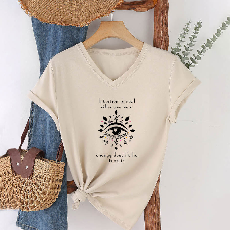 Olivenorma Casual Mystical Eye Intuition Quote Print V-Neck T-Shirt - image 4