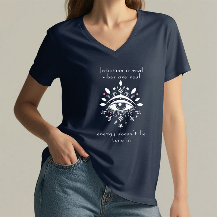 Olivenorma Casual Mystical Eye Intuition Quote Print V-Neck T-Shirt - image 2