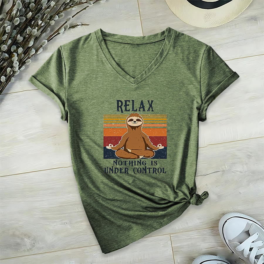 Olivenorma Meditating Sloth "Relax Nothing Is Under Control" Print V-Neck T-Shirt - Olive Green - 2XL - image 0