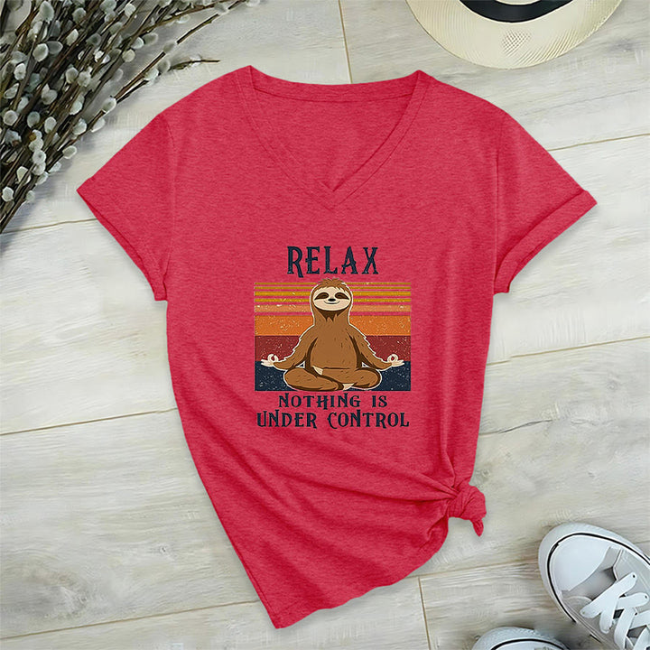 Olivenorma Meditating Sloth "Relax Nothing Is Under Control" Print V-Neck T-Shirt - Red - 2XL - image 27