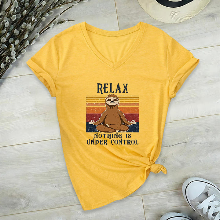 Olivenorma Meditating Sloth "Relax Nothing Is Under Control" Print V-Neck T-Shirt - Yellow - 2XL - image 30