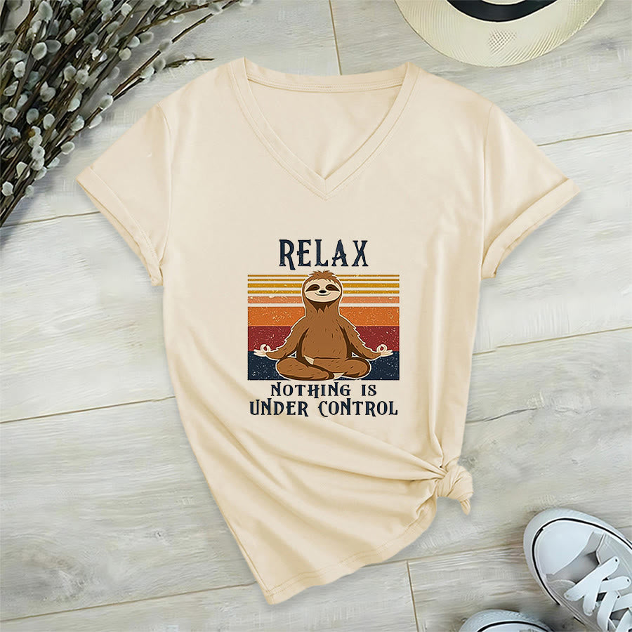 Olivenorma Meditating Sloth "Relax Nothing Is Under Control" Print V-Neck T-Shirt - Khaki - 2XL - image 3