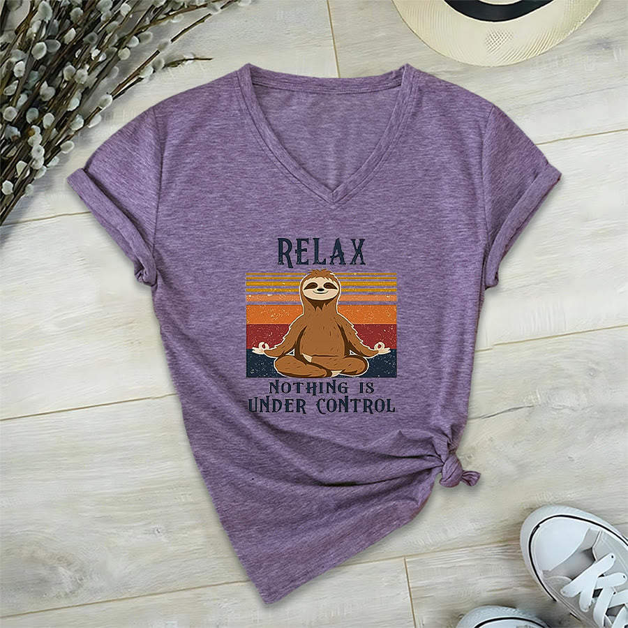 Olivenorma Meditating Sloth "Relax Nothing Is Under Control" Print V-Neck T-Shirt - Purple - 2XL - image 36