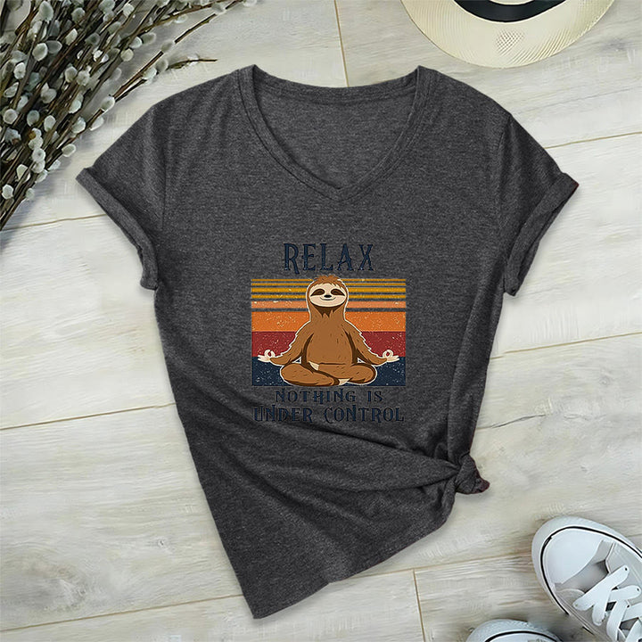 Olivenorma Meditating Sloth "Relax Nothing Is Under Control" Print V-Neck T-Shirt - Gray - 2XL - image 15