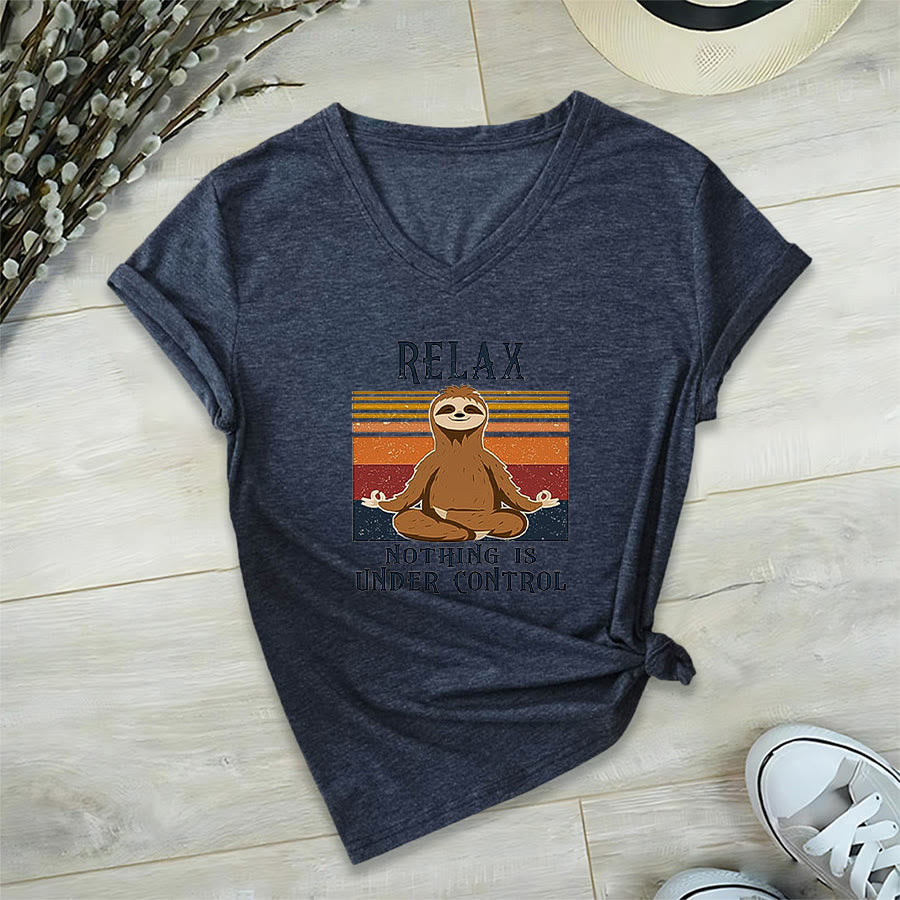 Olivenorma Meditating Sloth "Relax Nothing Is Under Control" Print V-Neck T-Shirt - Navy Blue - 2XL - image 21