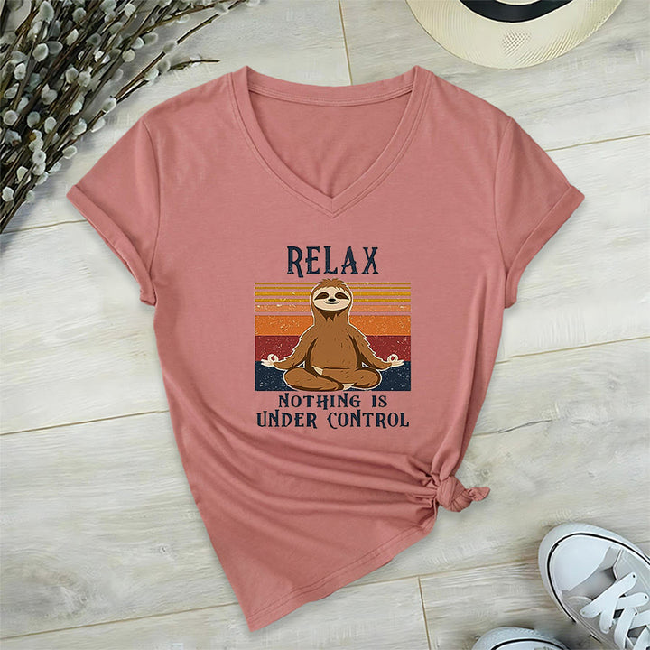 Olivenorma Meditating Sloth "Relax Nothing Is Under Control" Print V-Neck T-Shirt - Pink - 2XL - image 6
