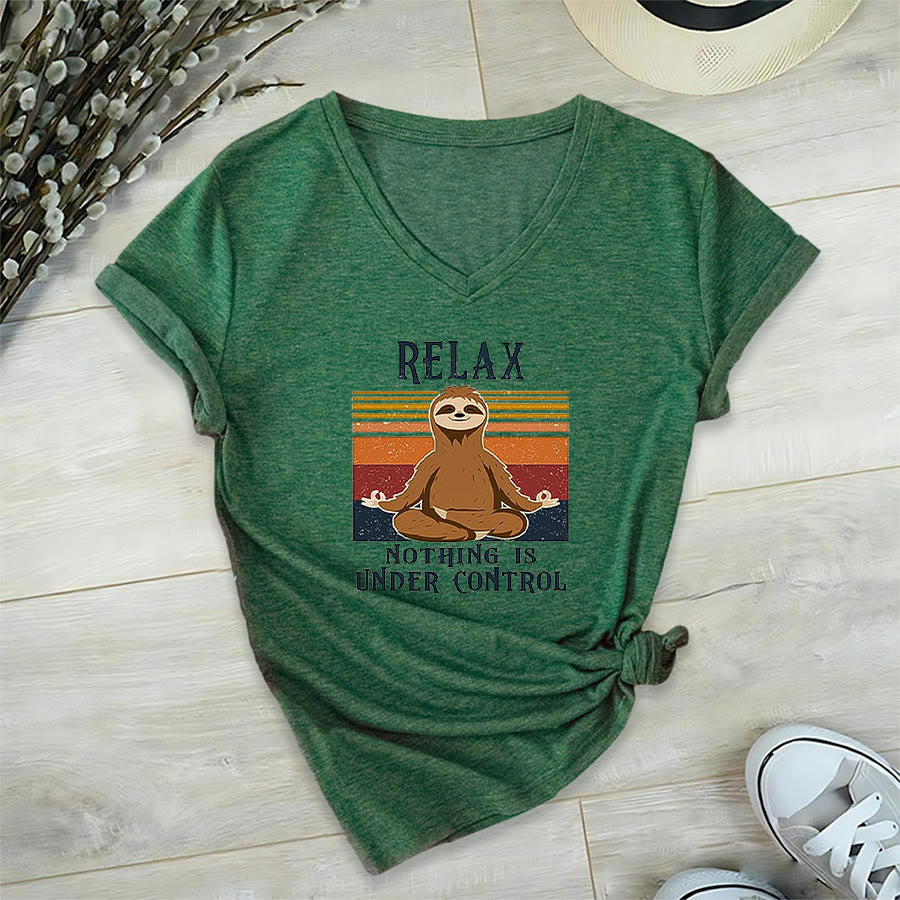 Olivenorma Meditating Sloth "Relax Nothing Is Under Control" Print V-Neck T-Shirt - Dark Green - 2XL - image 24