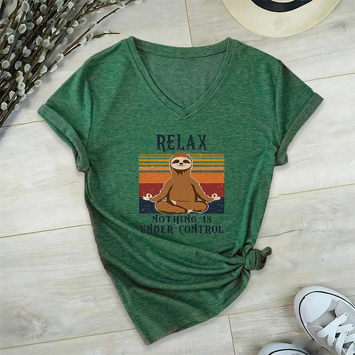 Olivenorma Meditating Sloth "Relax Nothing Is Under Control" Print V-Neck T-Shirt - Dark Green - 2XL - image 24