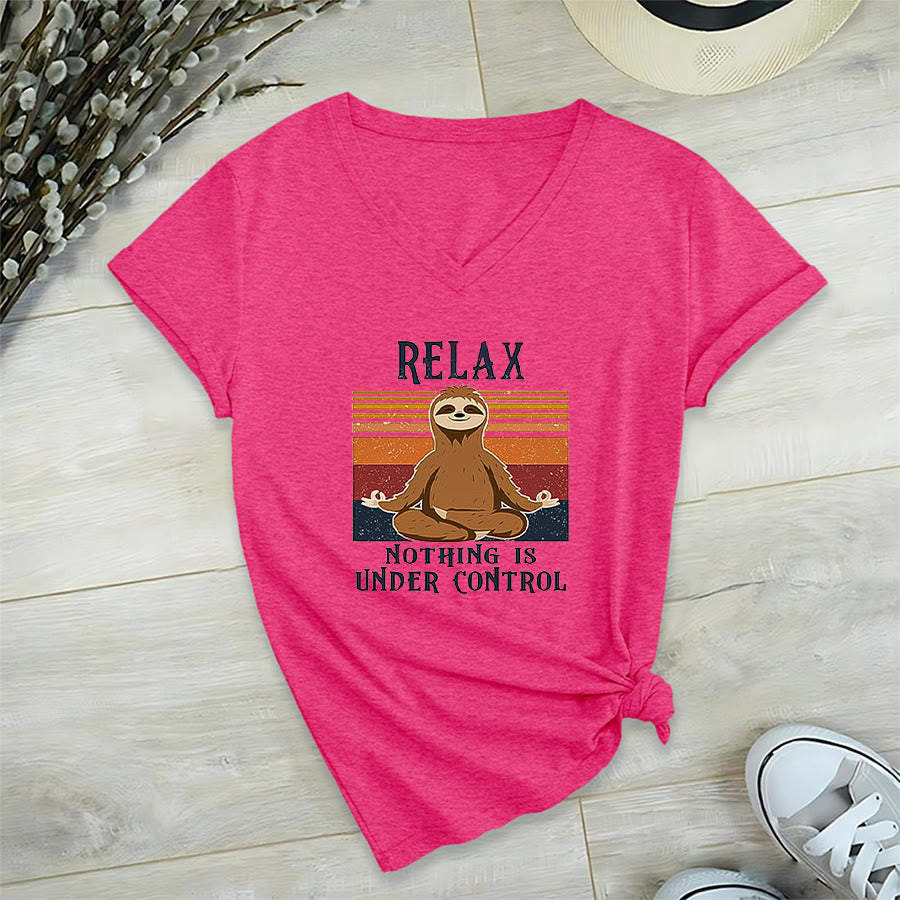 Olivenorma Meditating Sloth "Relax Nothing Is Under Control" Print V-Neck T-Shirt - Rose Red - 2XL - image 33