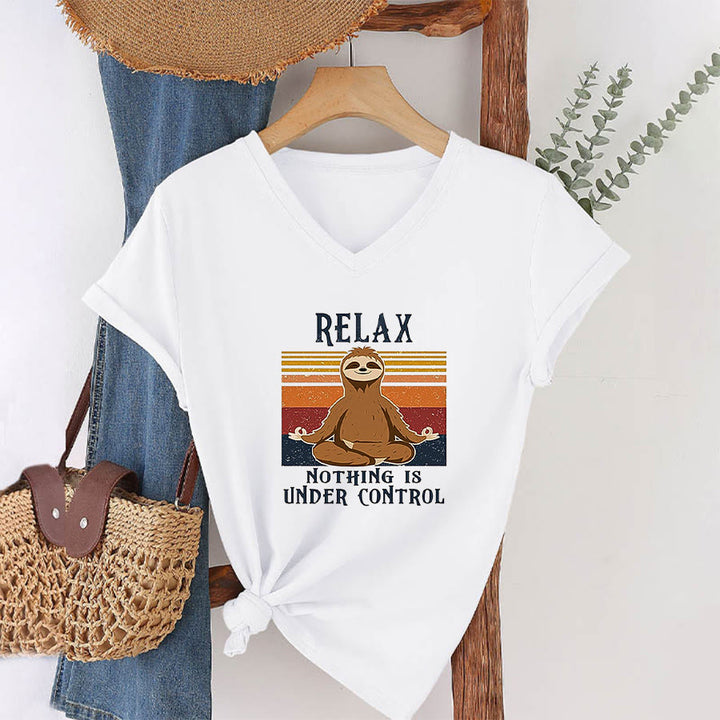 Olivenorma Meditating Sloth "Relax Nothing Is Under Control" Print V-Neck T-Shirt - image 19