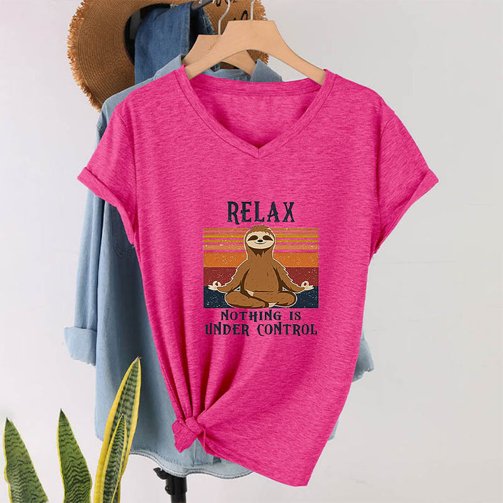 Olivenorma Meditating Sloth "Relax Nothing Is Under Control" Print V-Neck T-Shirt - image 34