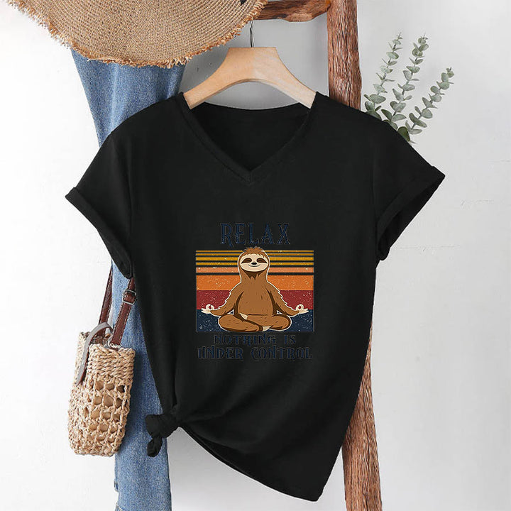 Olivenorma Meditating Sloth "Relax Nothing Is Under Control" Print V-Neck T-Shirt - image 13