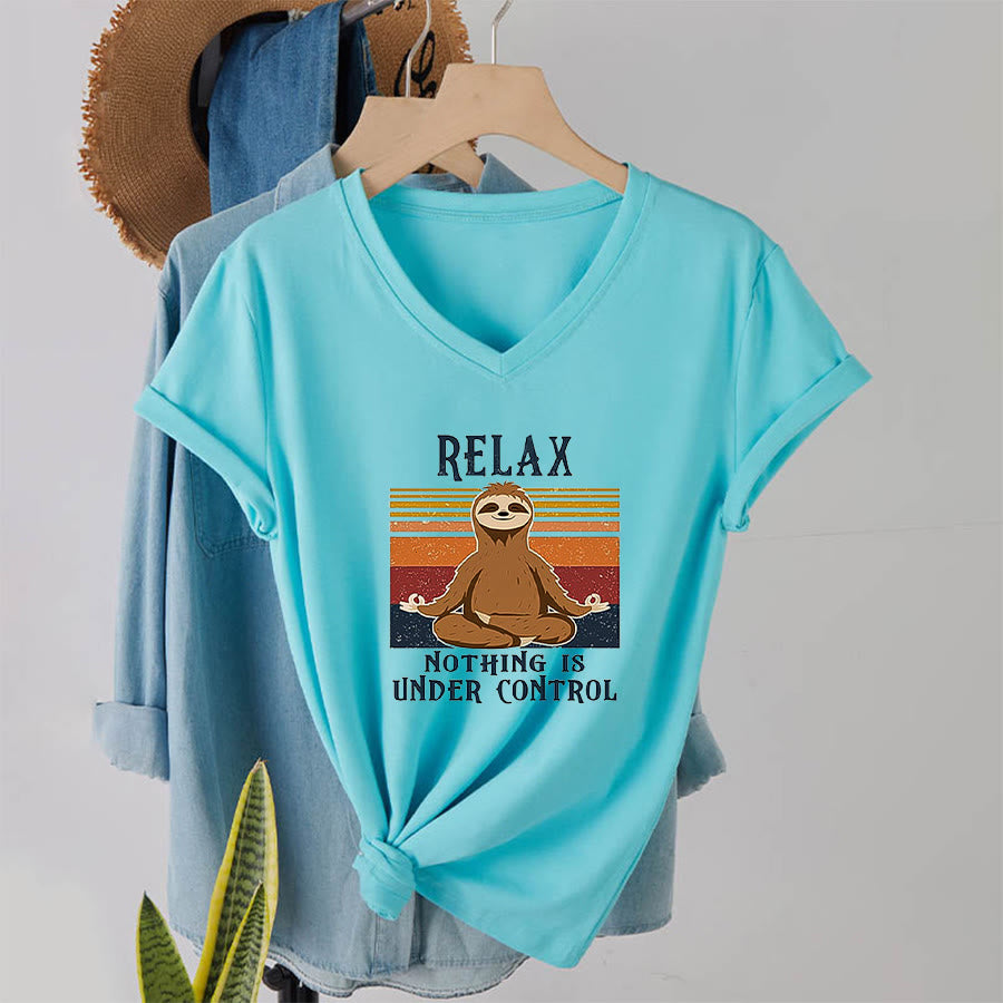 Olivenorma Meditating Sloth "Relax Nothing Is Under Control" Print V-Neck T-Shirt - image 10