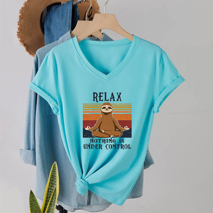 Olivenorma Meditating Sloth "Relax Nothing Is Under Control" Print V-Neck T-Shirt - image 10