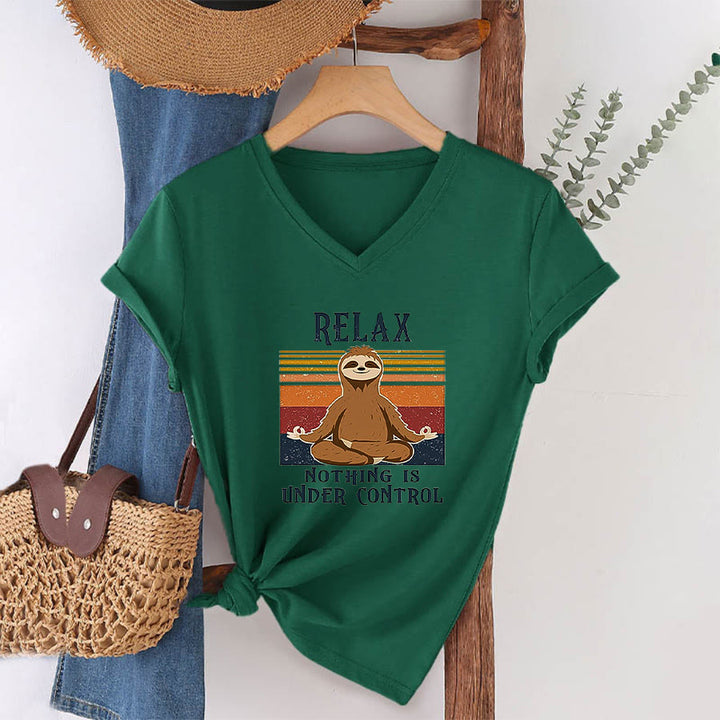 Olivenorma Meditating Sloth "Relax Nothing Is Under Control" Print V-Neck T-Shirt - image 25