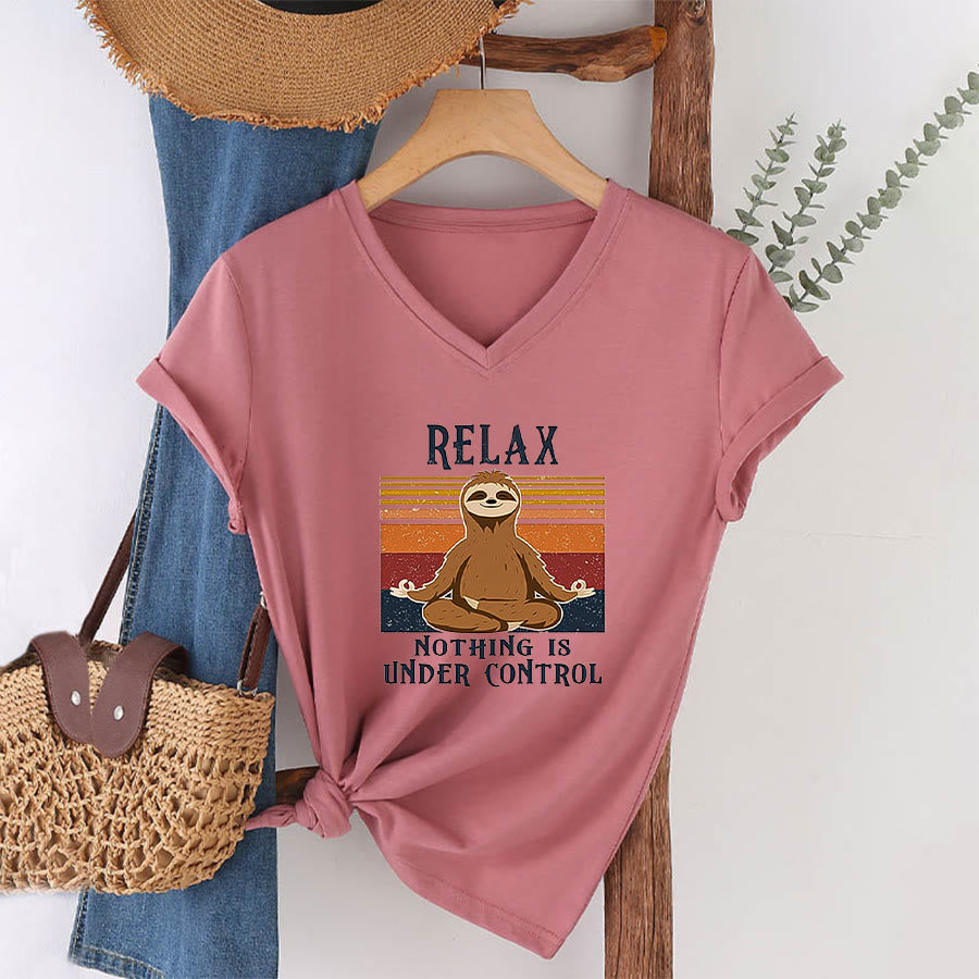 Olivenorma Meditating Sloth "Relax Nothing Is Under Control" Print V-Neck T-Shirt - image 7