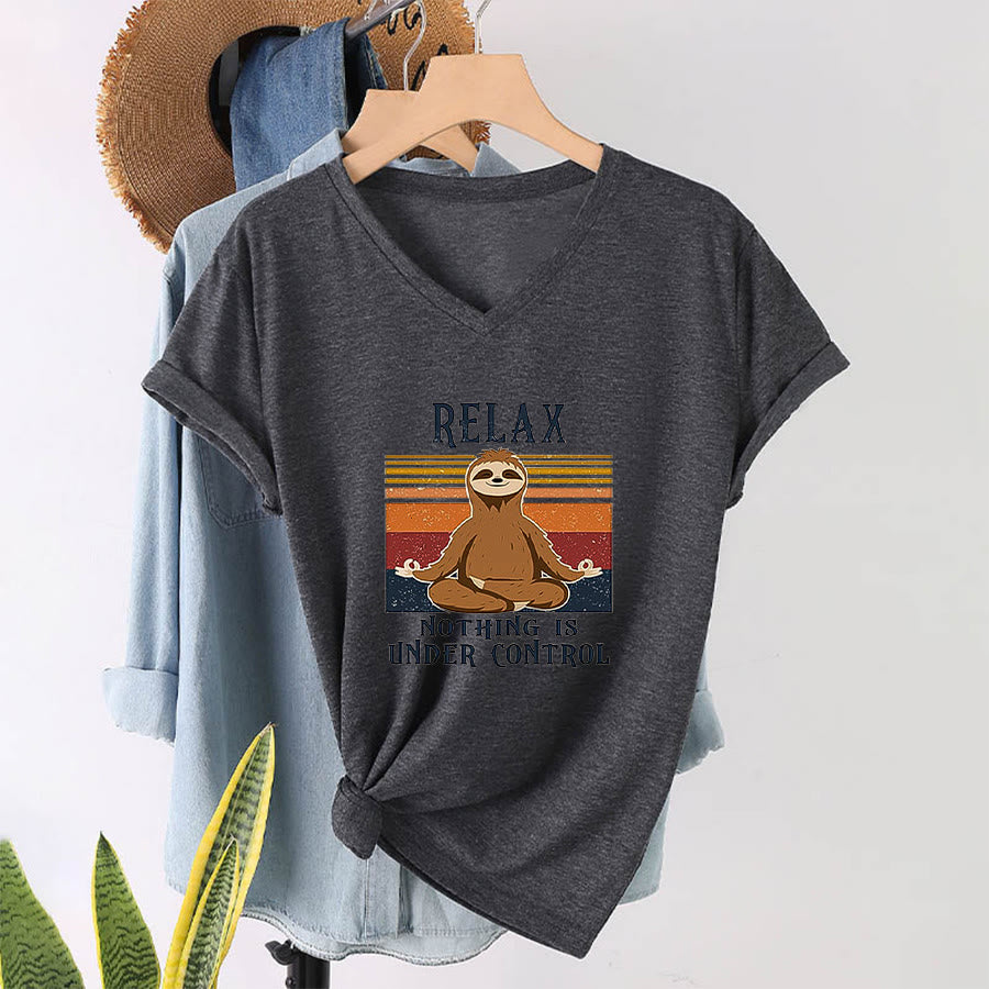 Olivenorma Meditating Sloth "Relax Nothing Is Under Control" Print V-Neck T-Shirt - image 16