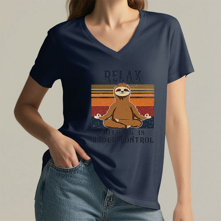 Olivenorma Meditating Sloth "Relax Nothing Is Under Control" Print V-Neck T-Shirt - image 23