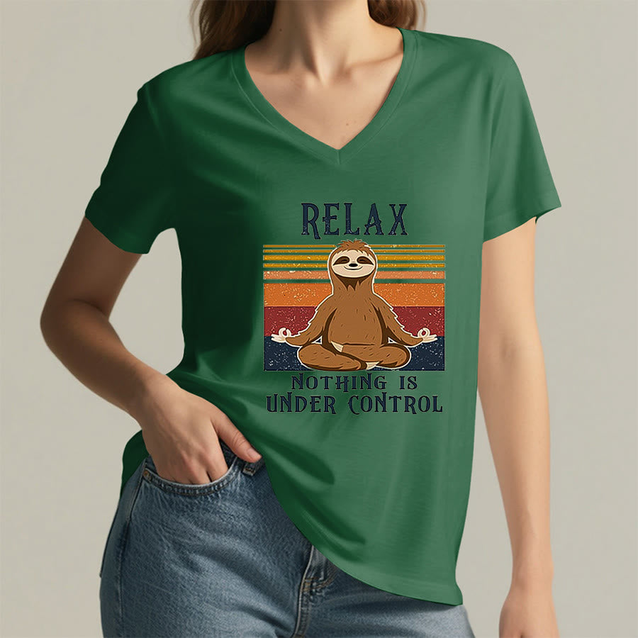 Olivenorma Meditating Sloth "Relax Nothing Is Under Control" Print V-Neck T-Shirt - image 26