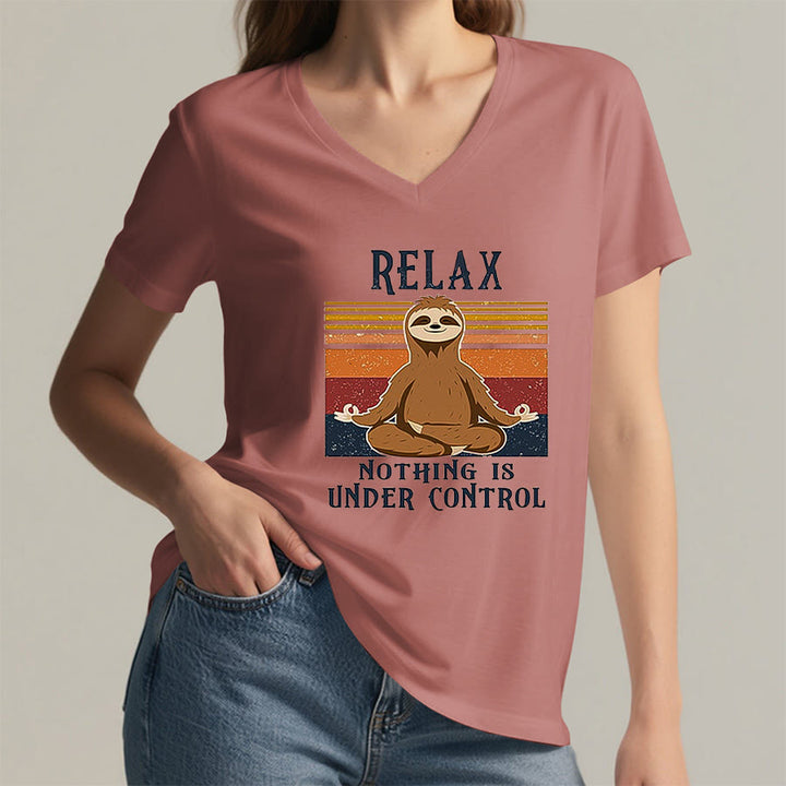 Olivenorma Meditating Sloth "Relax Nothing Is Under Control" Print V-Neck T-Shirt - image 8