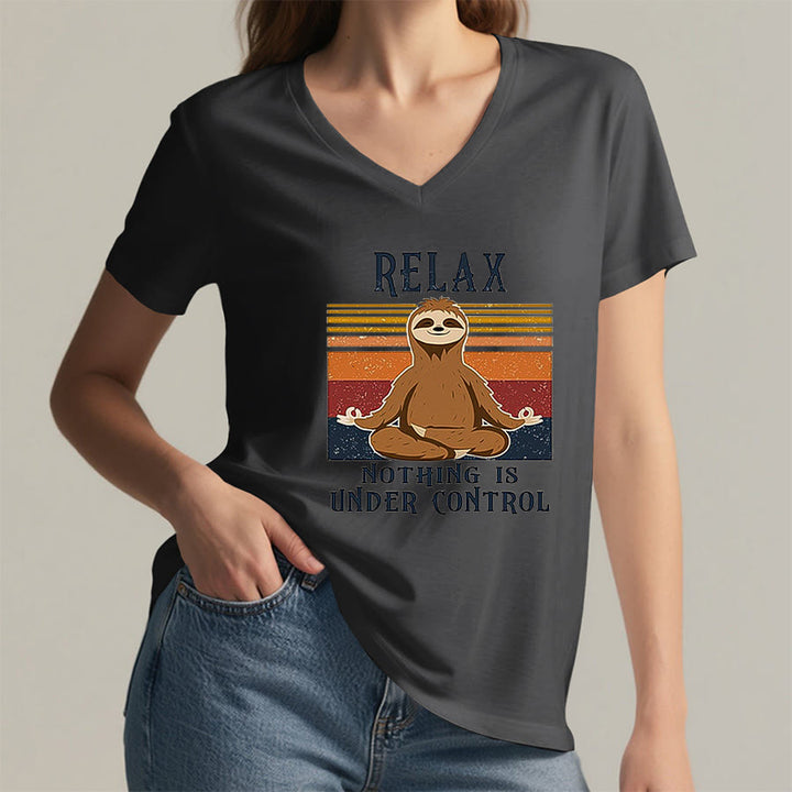 Olivenorma Meditating Sloth "Relax Nothing Is Under Control" Print V-Neck T-Shirt - image 17