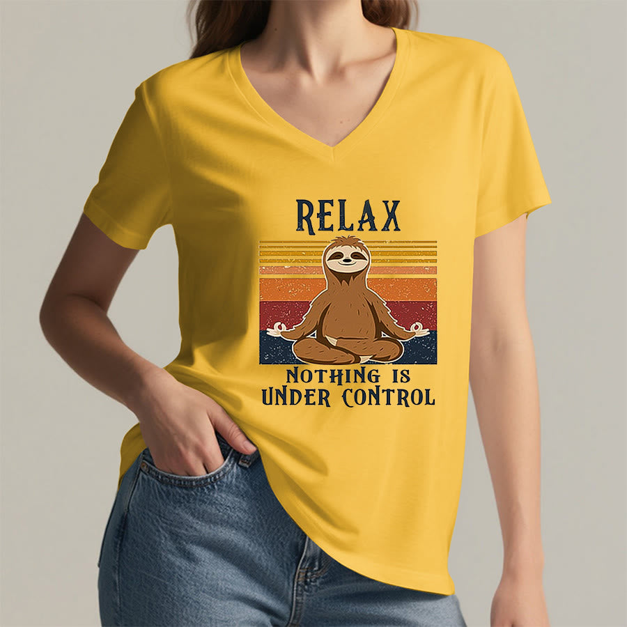 Olivenorma Meditating Sloth "Relax Nothing Is Under Control" Print V-Neck T-Shirt - image 32