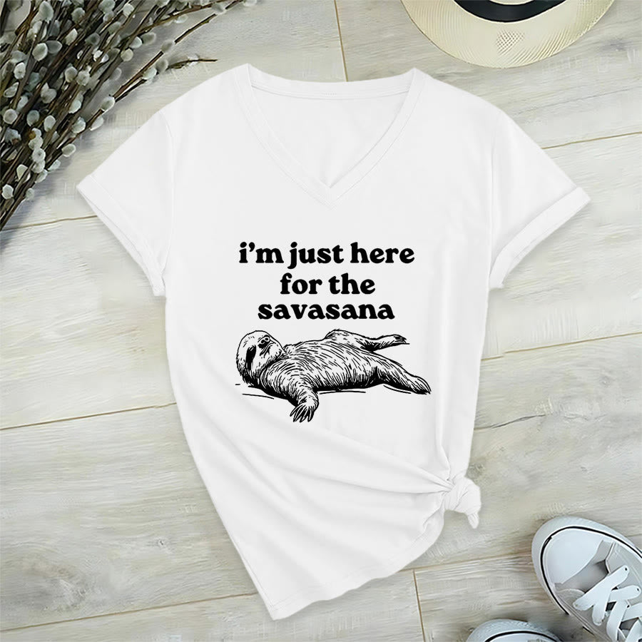Olivenorma Humorous Sloth "Savasana" Quote Graphic V-Neck T-Shirt - White - 2XL - image 18