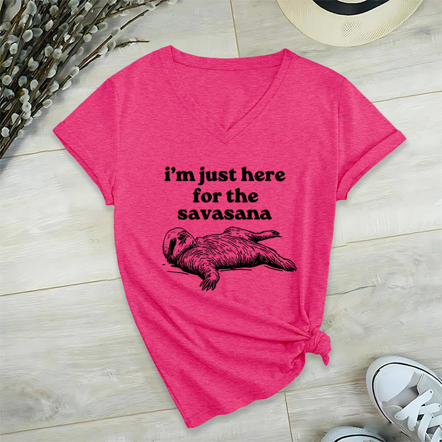 Olivenorma Humorous Sloth "Savasana" Quote Graphic V-Neck T-Shirt - Rose Red - 2XL - image 33