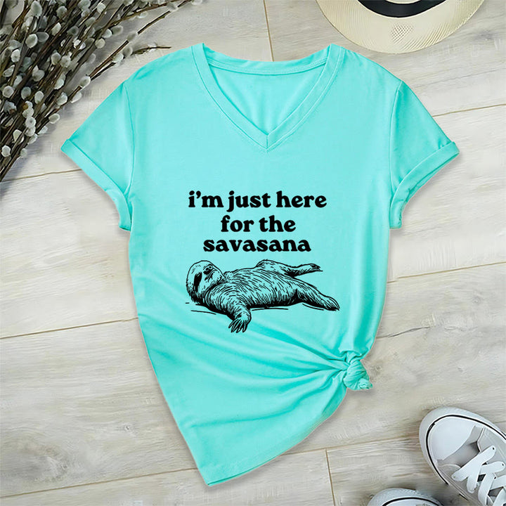 Olivenorma Humorous Sloth "Savasana" Quote Graphic V-Neck T-Shirt - Lake Blue - 2XL - image 9