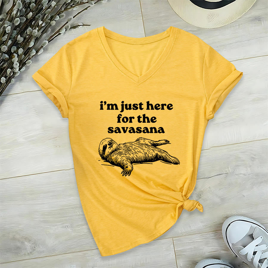 Olivenorma Humorous Sloth "Savasana" Quote Graphic V-Neck T-Shirt - Yellow - 2XL - image 30