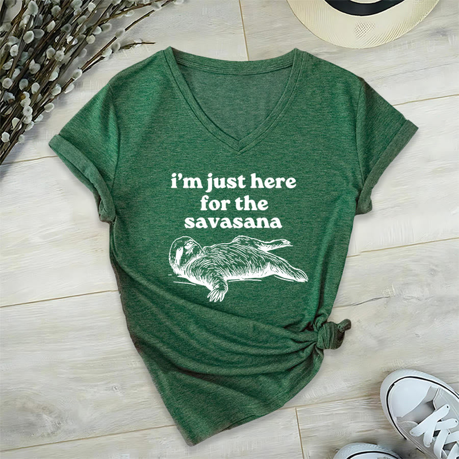 Olivenorma Humorous Sloth "Savasana" Quote Graphic V-Neck T-Shirt - Dark Green - 2XL - image 0