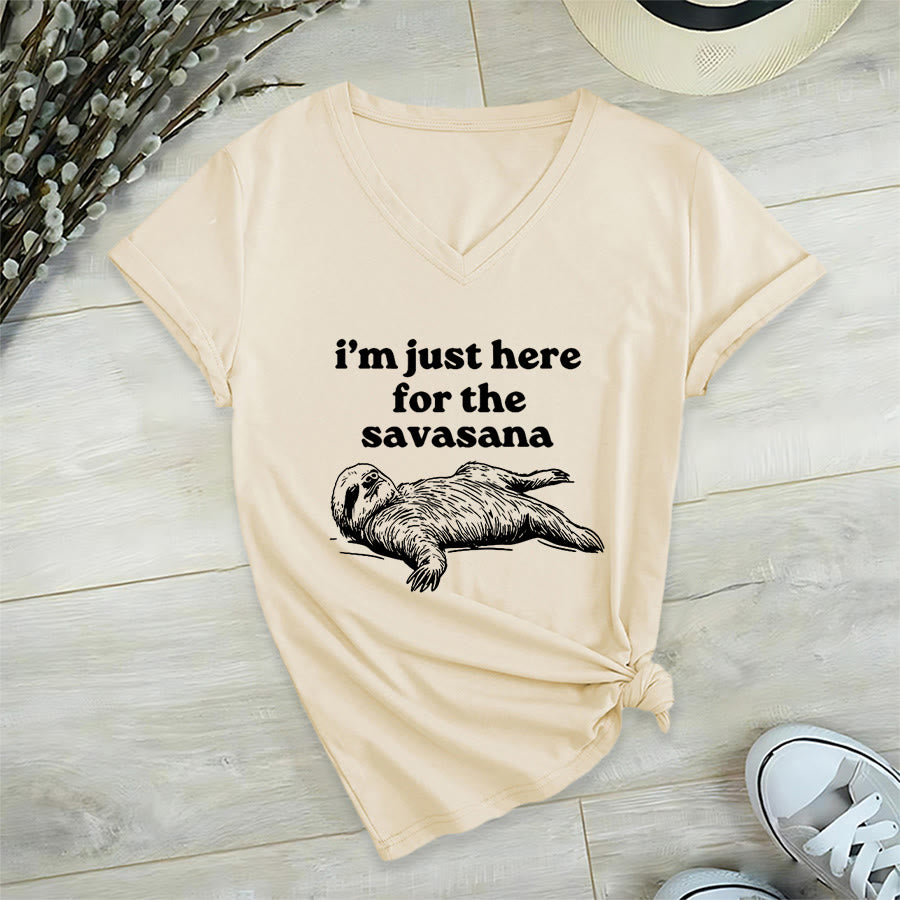 Olivenorma Humorous Sloth "Savasana" Quote Graphic V-Neck T-Shirt - Khaki - 2XL - image 3