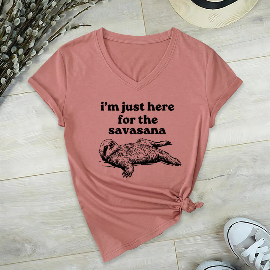 Olivenorma Humorous Sloth "Savasana" Quote Graphic V-Neck T-Shirt - Pink - 2XL - image 6