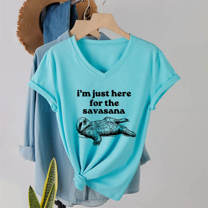 Olivenorma Humorous Sloth "Savasana" Quote Graphic V-Neck T-Shirt - image 10