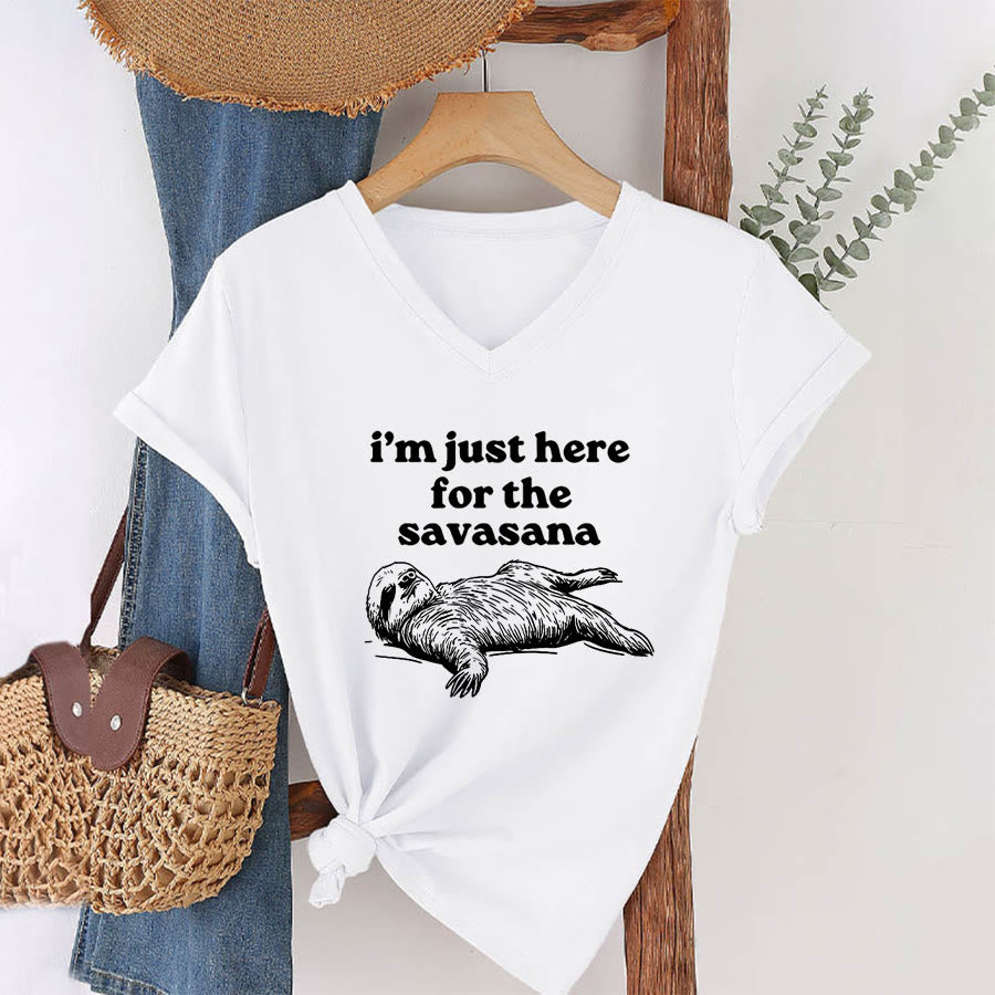 Olivenorma Humorous Sloth "Savasana" Quote Graphic V-Neck T-Shirt - image 19
