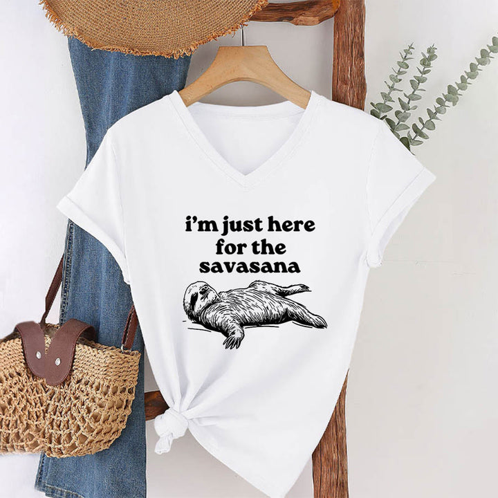 Olivenorma Humorous Sloth "Savasana" Quote Graphic V-Neck T-Shirt - image 19