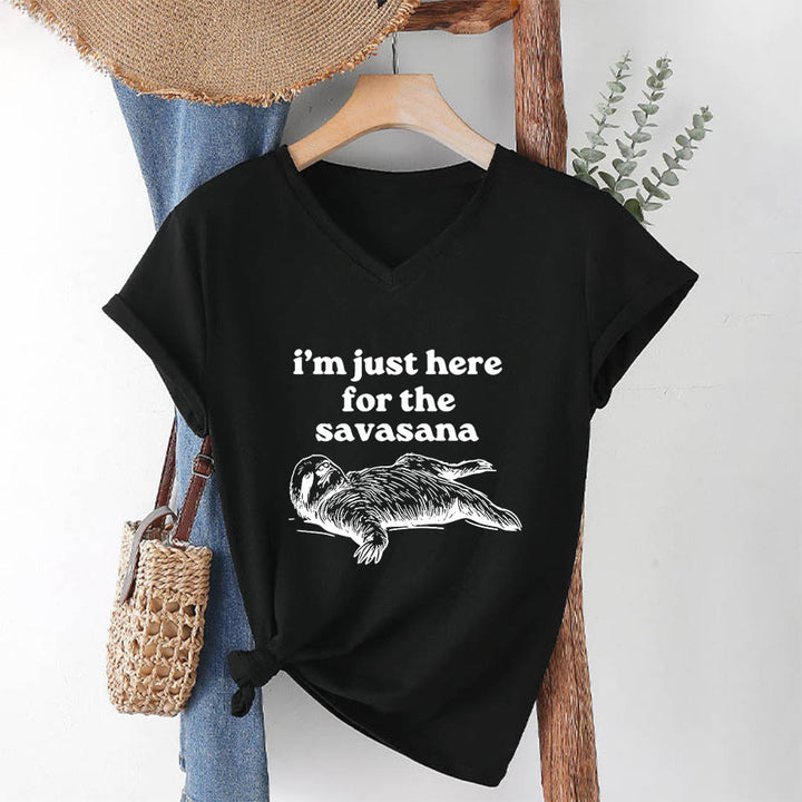 Olivenorma Humorous Sloth "Savasana" Quote Graphic V-Neck T-Shirt - image 13