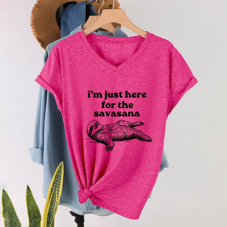 Olivenorma Humorous Sloth "Savasana" Quote Graphic V-Neck T-Shirt - image 34