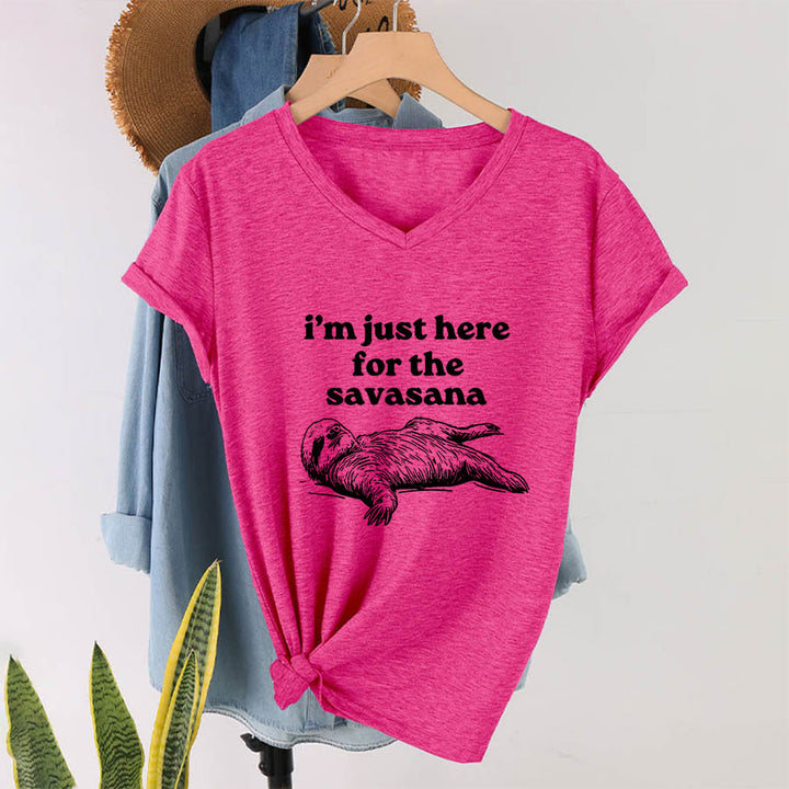 Olivenorma Humorous Sloth "Savasana" Quote Graphic V-Neck T-Shirt - image 34