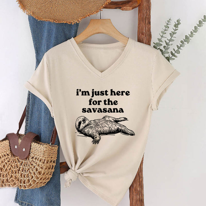 Olivenorma Humorous Sloth "Savasana" Quote Graphic V-Neck T-Shirt - image 4